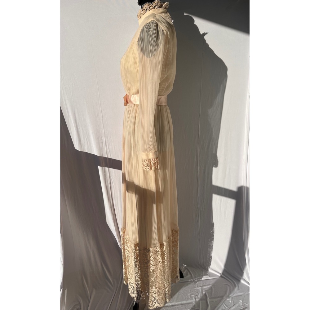 Vtg 60s 70s Accordion Pleated Chiffon Lace Maxi Dress S Pink Gunne Sax Style - Picture 12 of 13